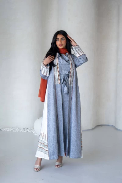 Linen Abaya in light gray with embroidery IB278 Gray