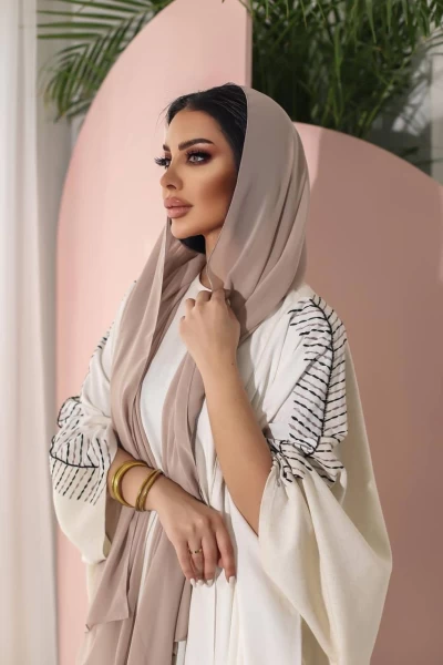 Linen Abaya with  embroidery IB203 white